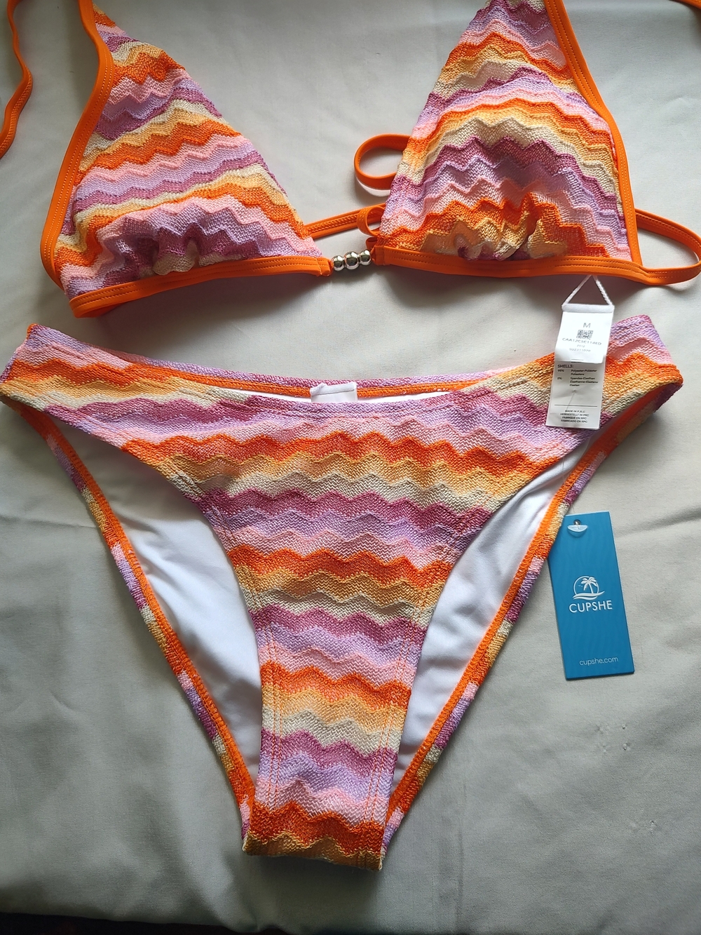 Cupshe Orange Pink Yellow Wave-Print Triangle Bikini Chevron